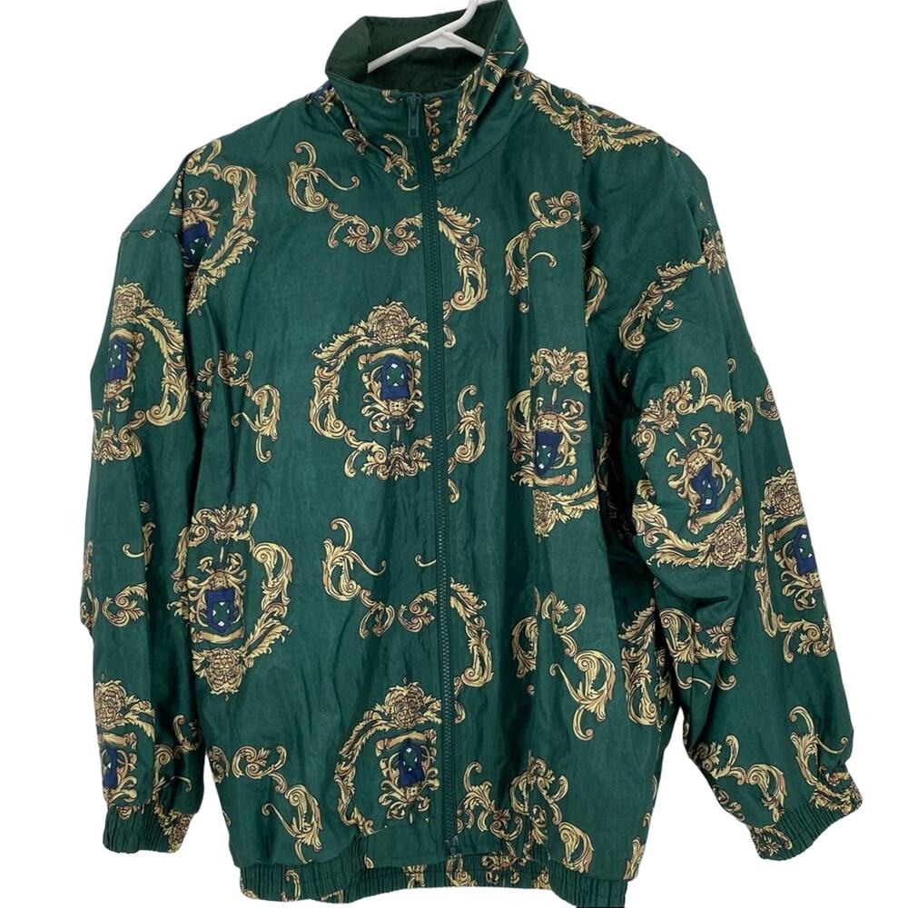 Vintage Slade windbreaker green with gold filigree design size small